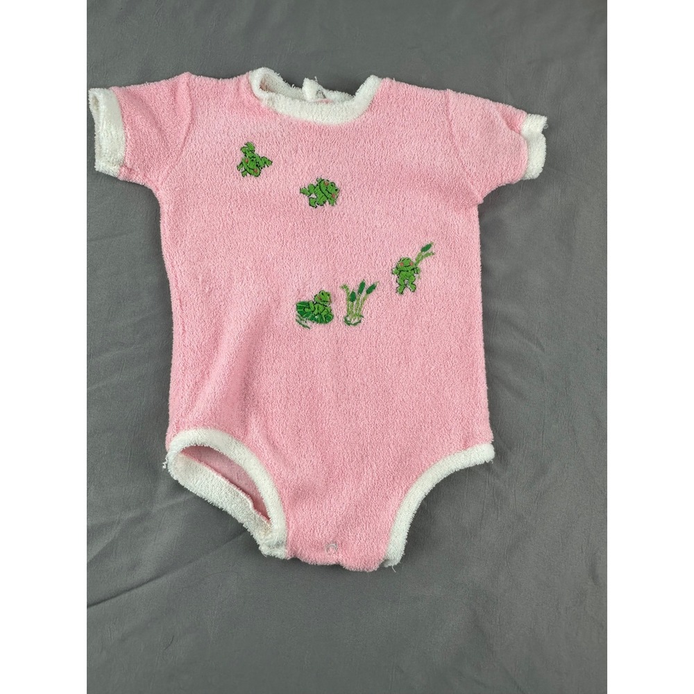 Vintage Baby Terry Romper Frog Embroidery‎ Pink 3–6 Months Retro